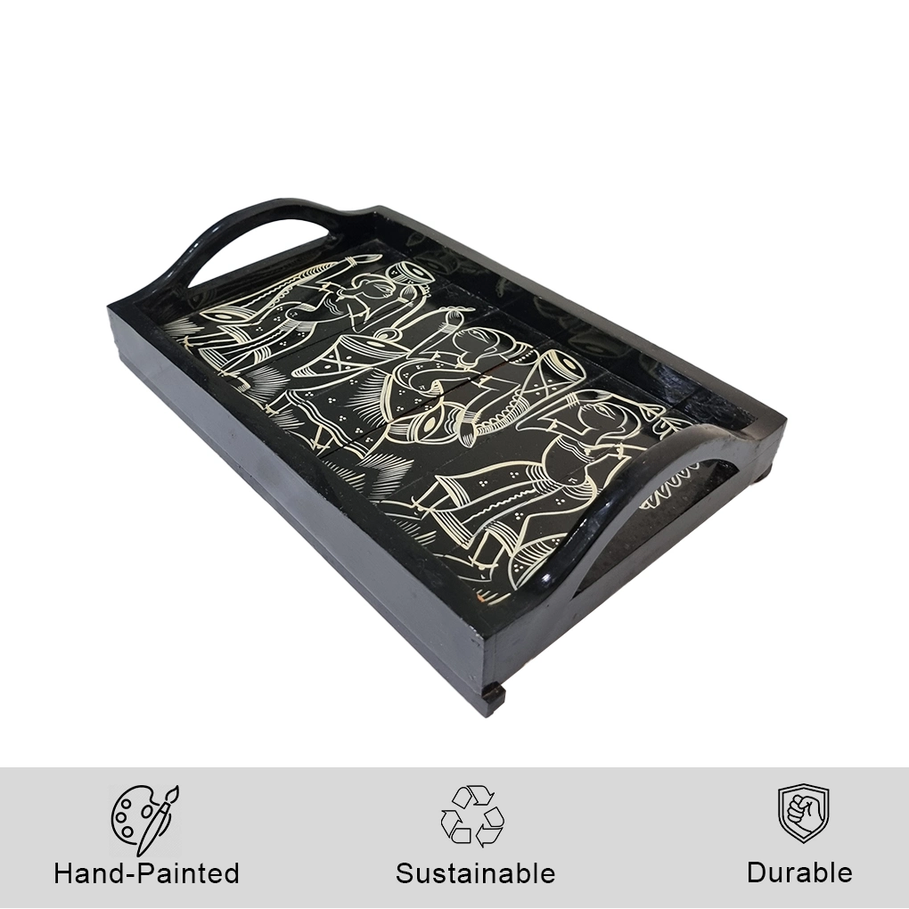 Black Wooden Serving Tray with Handles – Hand Painted Floral Decorative Tea Tray - Image 2