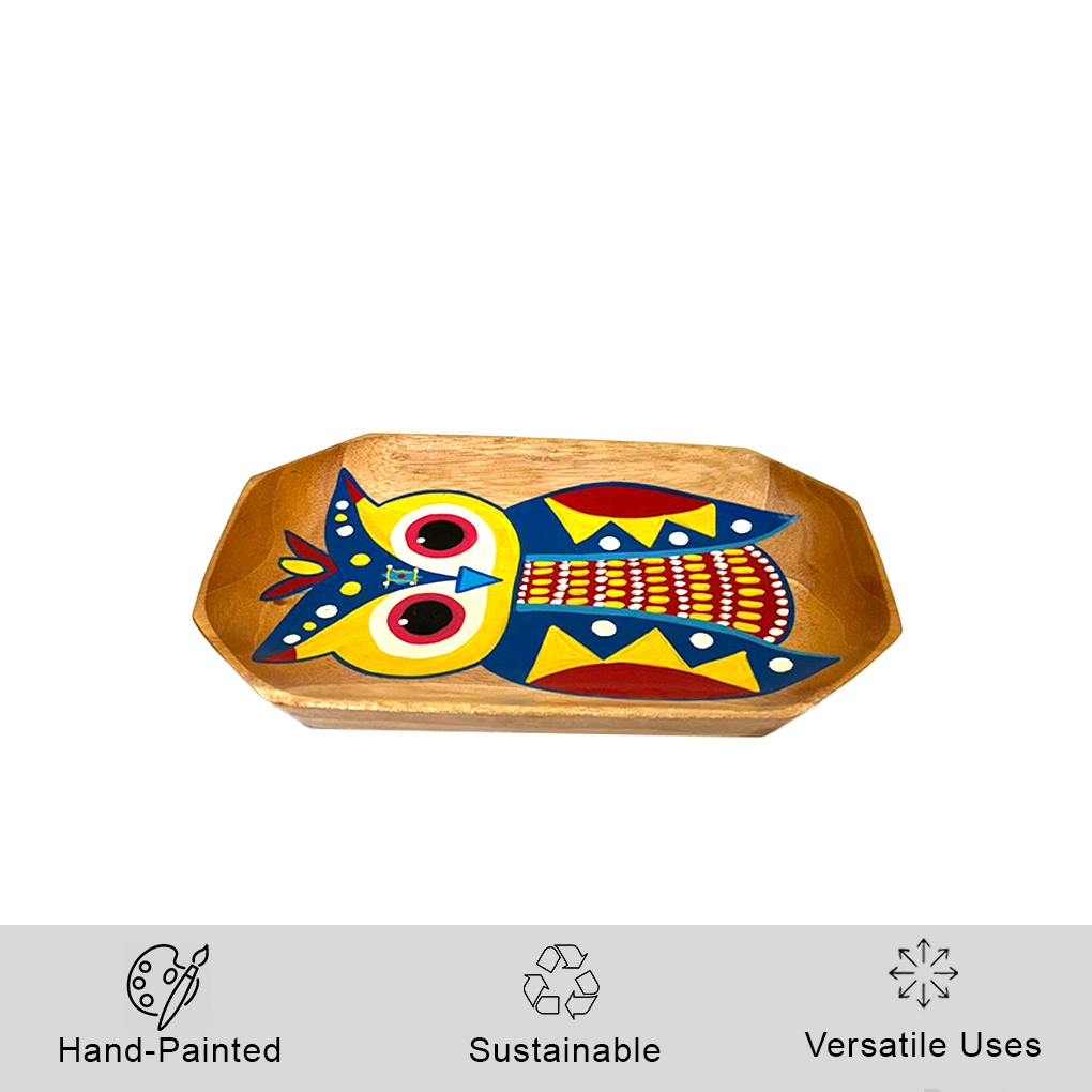 Owl Shape Wooden Serving Tray – Hand Painted Pattachitra Owl Decorative Tea Tray - Image 3