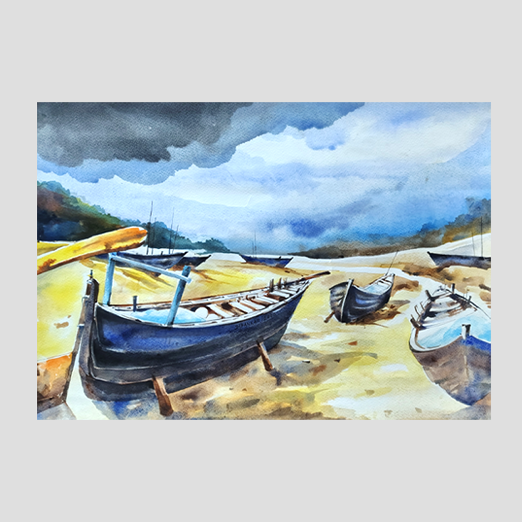 Resting Boats by the Shore – Original Watercolour Seascape Painting - Image 3