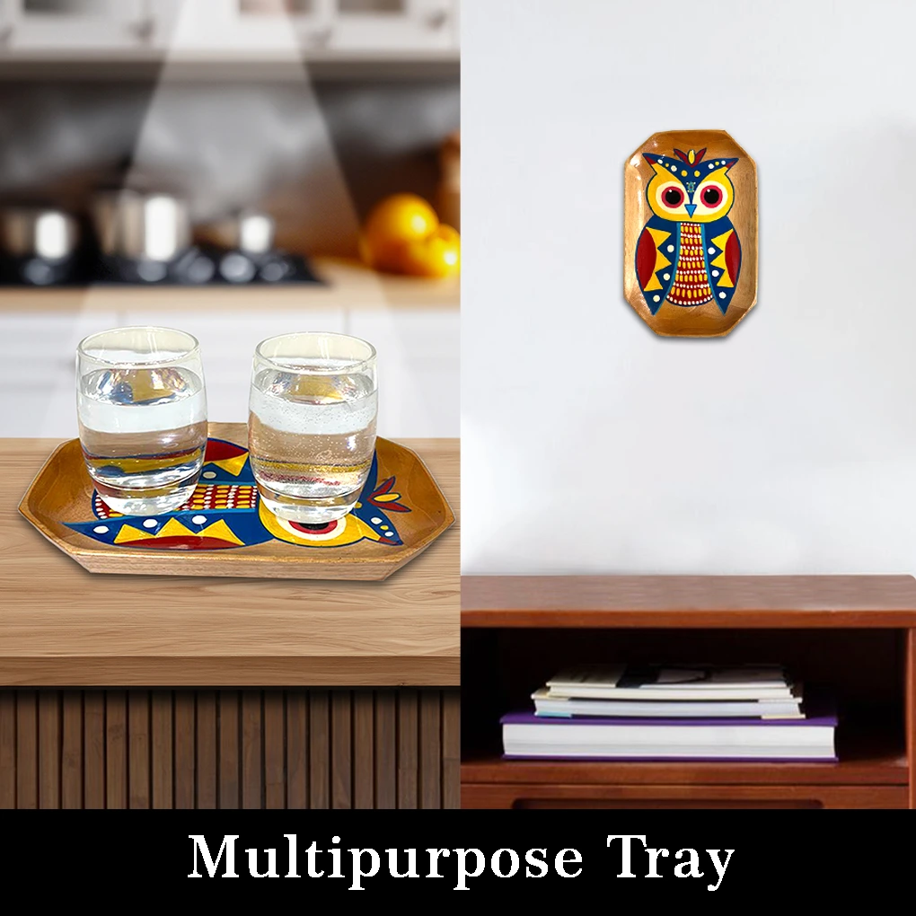 Owl Shape Wooden Serving Tray – Hand Painted Pattachitra Owl Decorative Tea Tray - Image 4