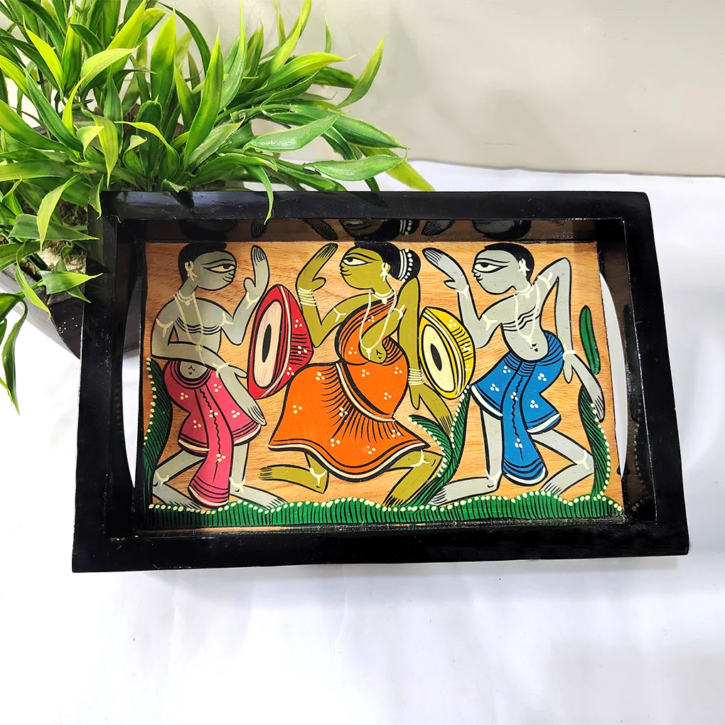 Medium Wooden Serving Tray with Handles – Hand Painted Tribal Art Decorative Tea Tray