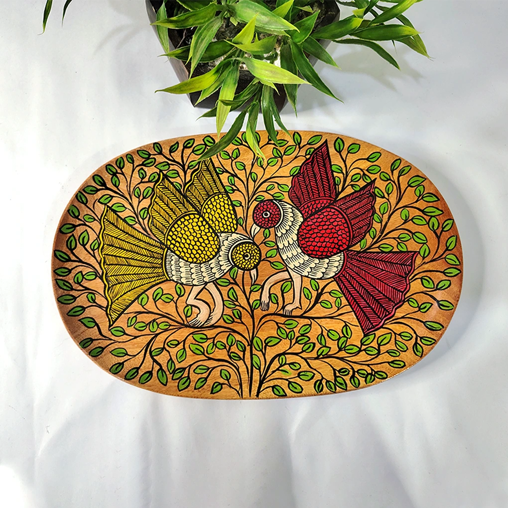 Oval Wooden Serving Tray – Hand Painted Pattachitra Bird & Leaf Decorative Tea Tray