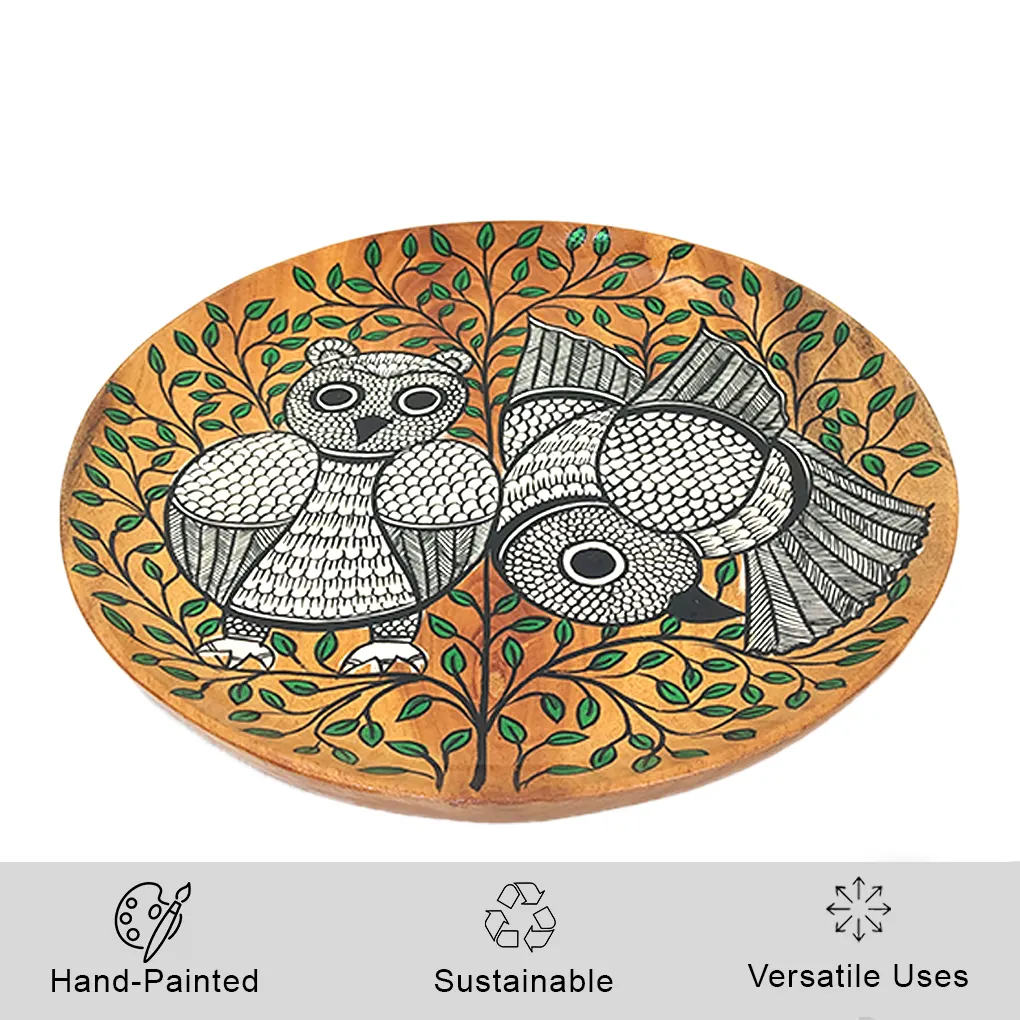 Round Wooden Serving Tray – Hand Painted Pattachitra Owl Tea Serving Tray - Image 2