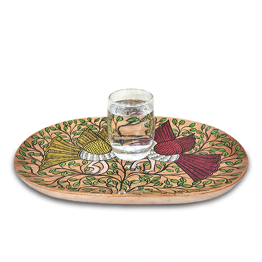 Oval Wooden Serving Tray – Hand Painted Pattachitra Bird & Leaf Decorative Tea Tray - Image 2