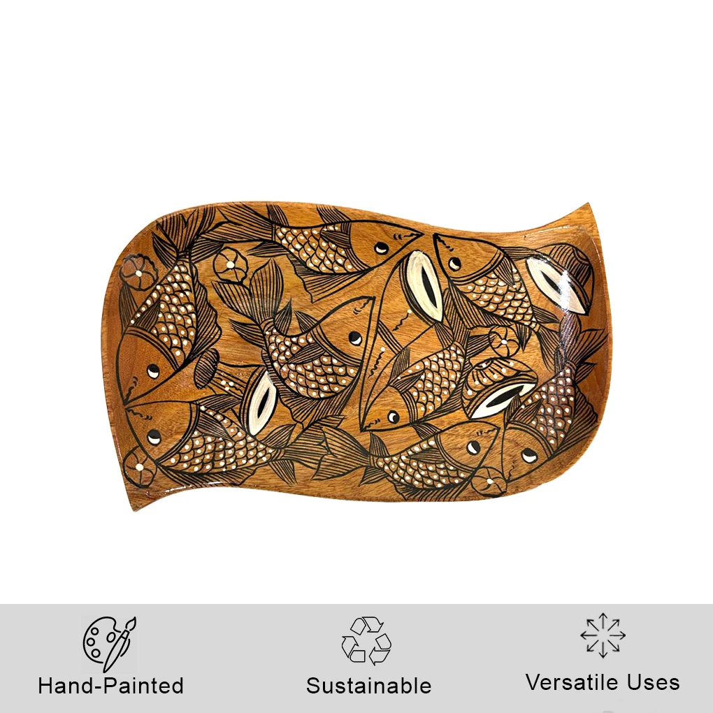 Small Wooden Serving Tray – Hand Painted Pattachitra Fish Decorative Tea Tray - Image 2