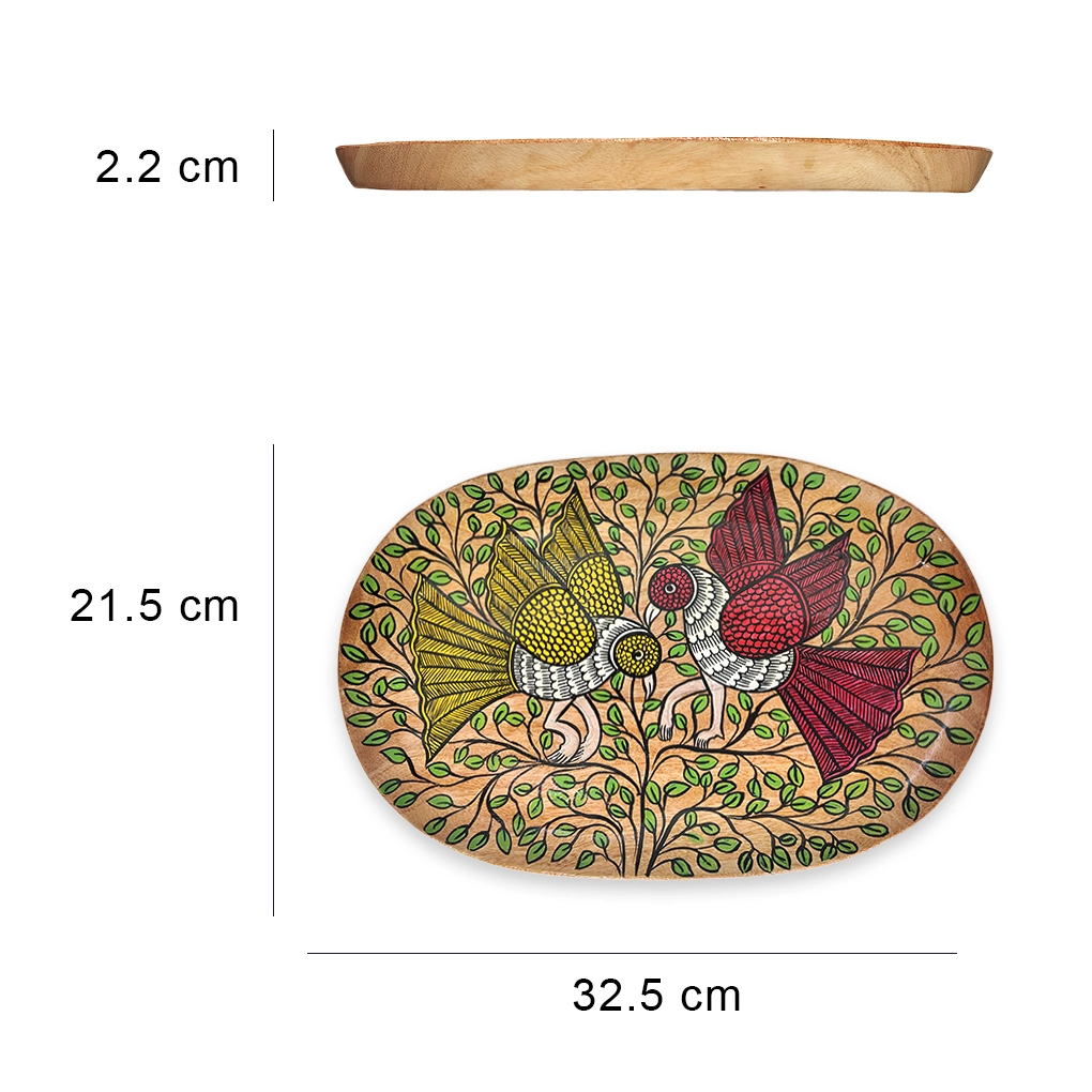 Oval Wooden Serving Tray – Hand Painted Pattachitra Bird & Leaf Decorative Tea Tray - Image 3