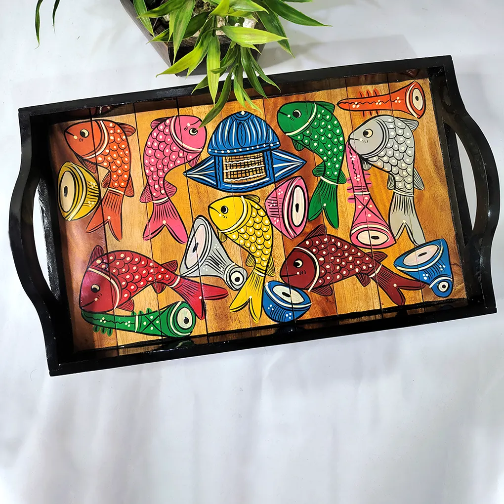 Rectangular Wooden Serving Tray with Handles – Hand Painted Pattachitra Fish Tea Tray