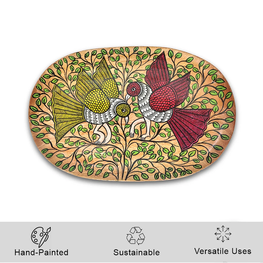Oval Wooden Serving Tray – Hand Painted Pattachitra Bird & Leaf Decorative Tea Tray - Image 4