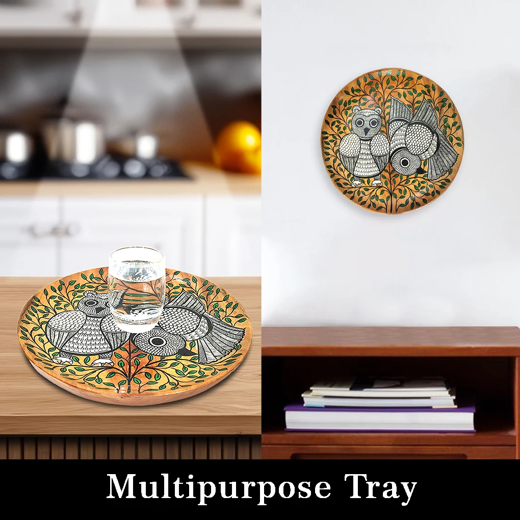 Round Wooden Serving Tray – Hand Painted Pattachitra Owl Tea Serving Tray - Image 4