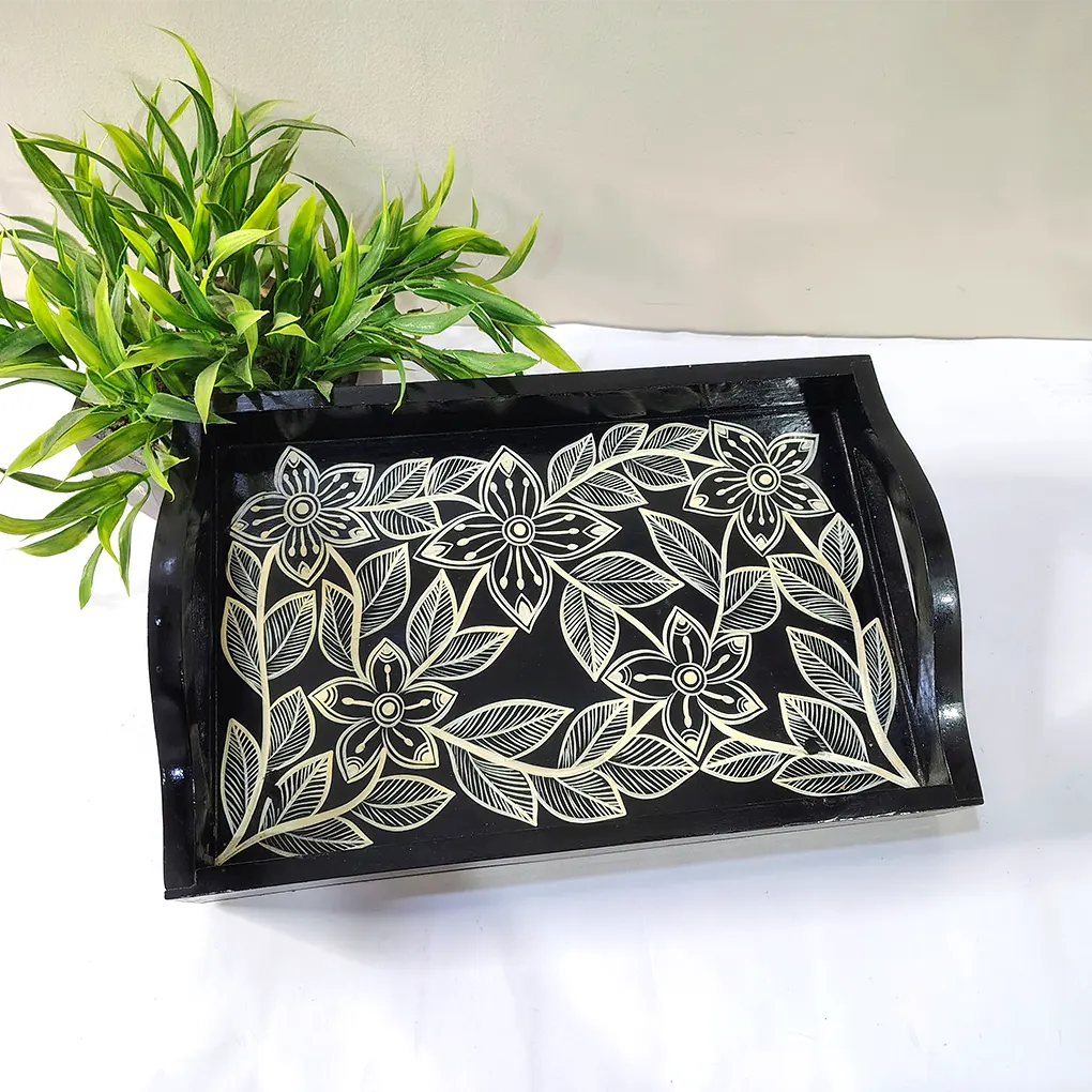 Medium Wooden Serving Tray – Hand Painted Black Floral Decorative Tea Tray