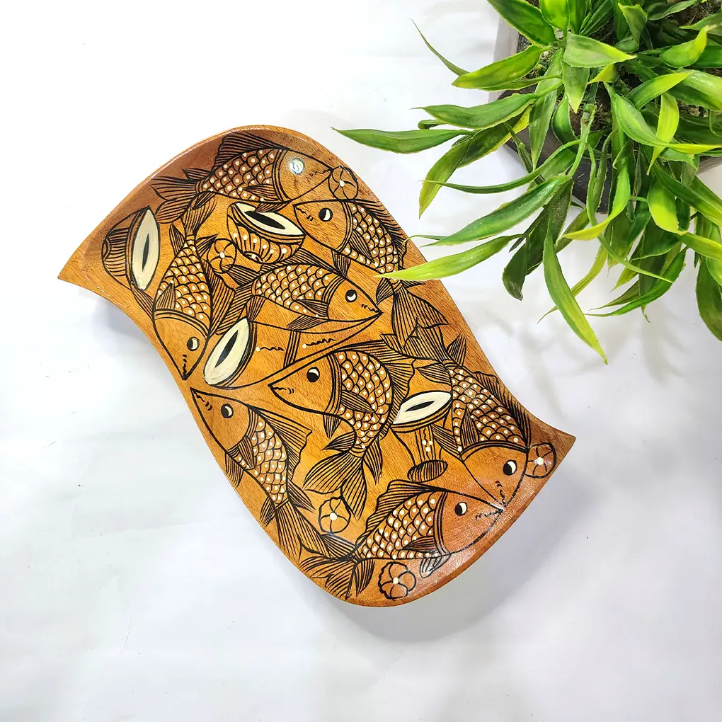 Small Wooden Serving Tray – Hand Painted Pattachitra Fish Decorative Tea Tray