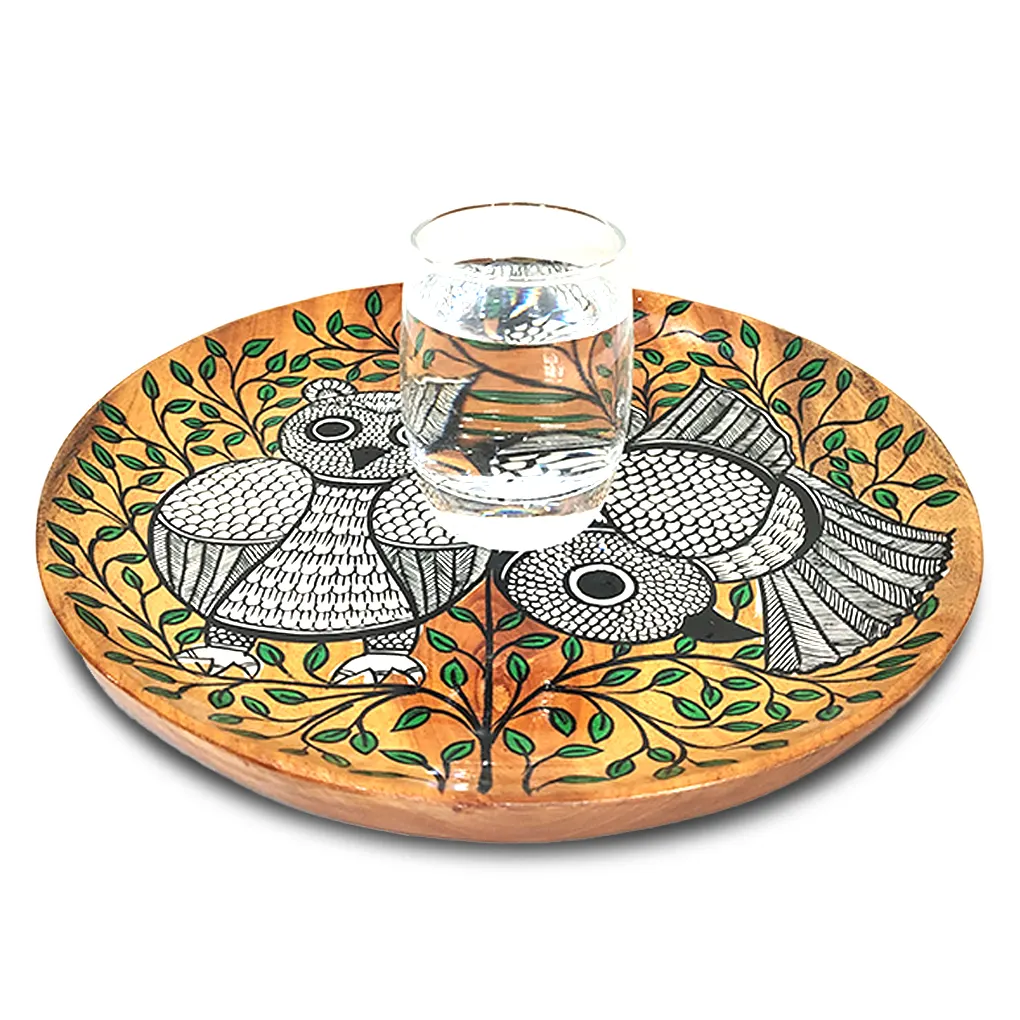 Round Wooden Serving Tray – Hand Painted Pattachitra Owl Tea Serving Tray - Image 5