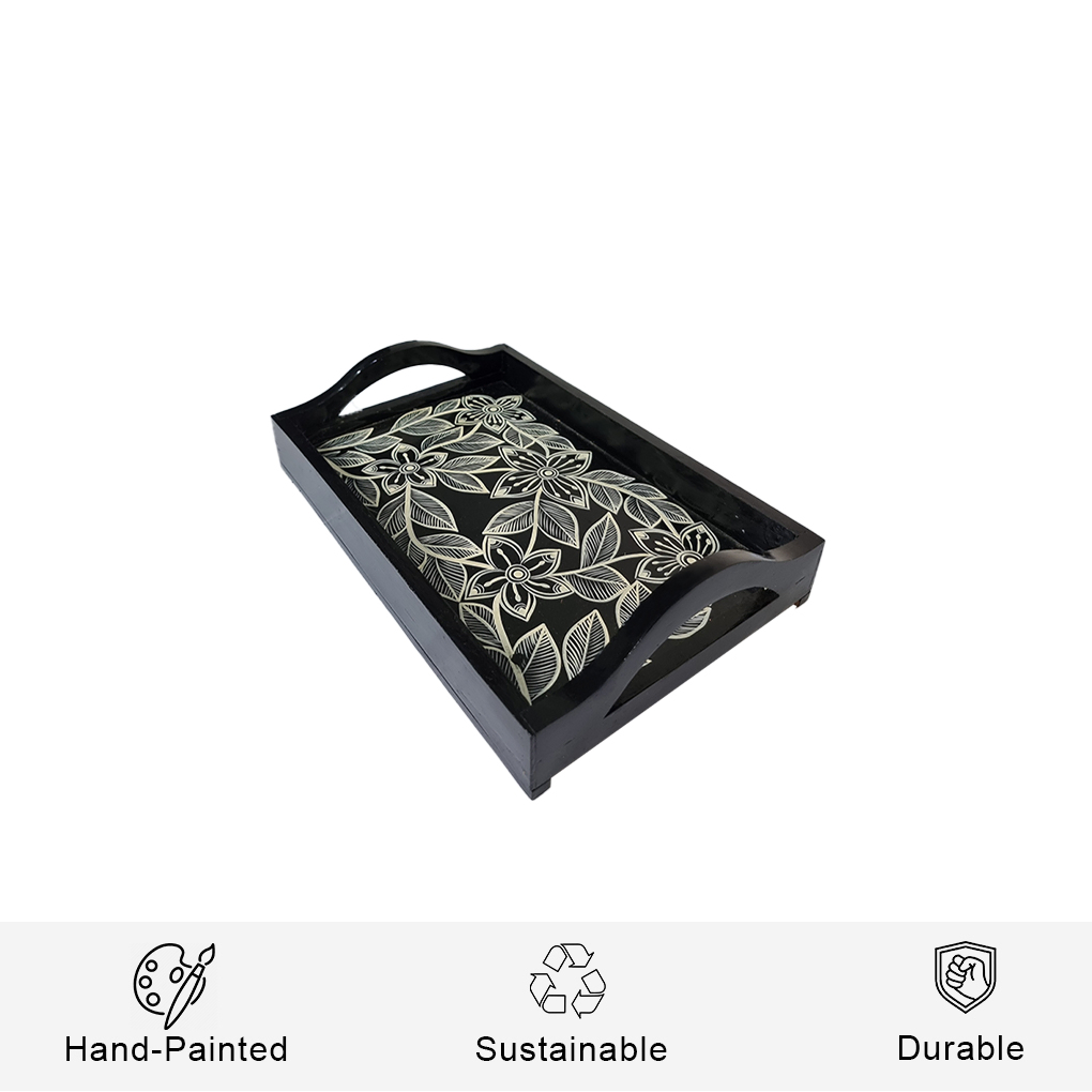 Medium Wooden Serving Tray – Hand Painted Black Floral Decorative Tea Tray - Image 2