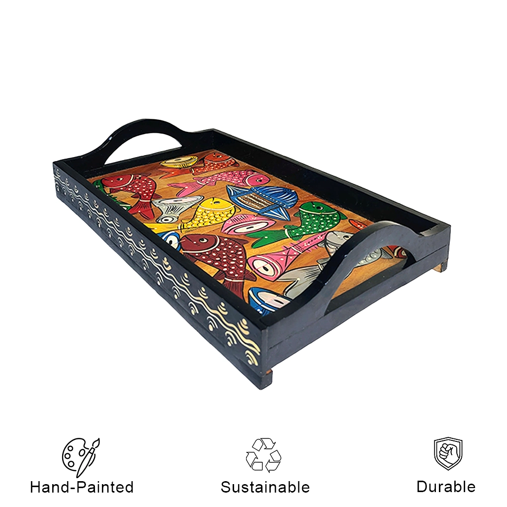 Rectangular Wooden Serving Tray with Handles – Hand Painted Pattachitra Fish Tea Tray - Image 2