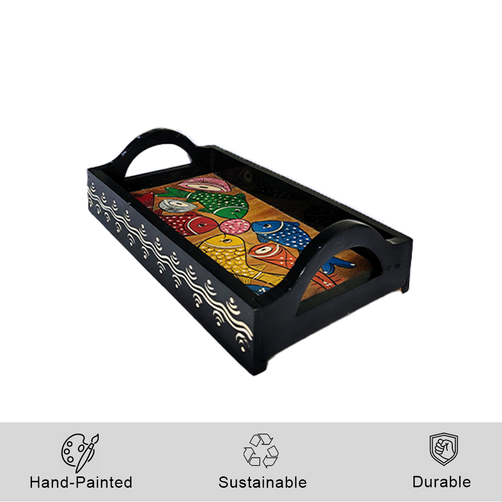 Rectangular Wooden Serving Tray with Handles – Hand Painted Pattachitra Fish Tea Tray - Image 3