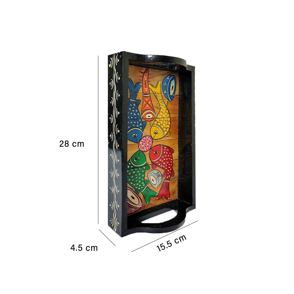 Rectangular Wooden Serving Tray with Handles – Hand Painted Pattachitra Fish Tea Tray - Image 4