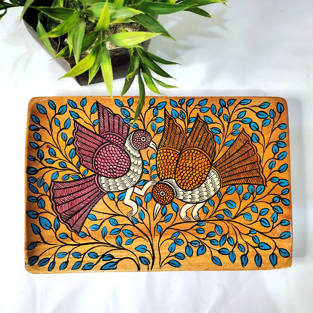 Square Wooden Serving Tray – Hand Painted Pattachitra Fish Decorative Tea Tray