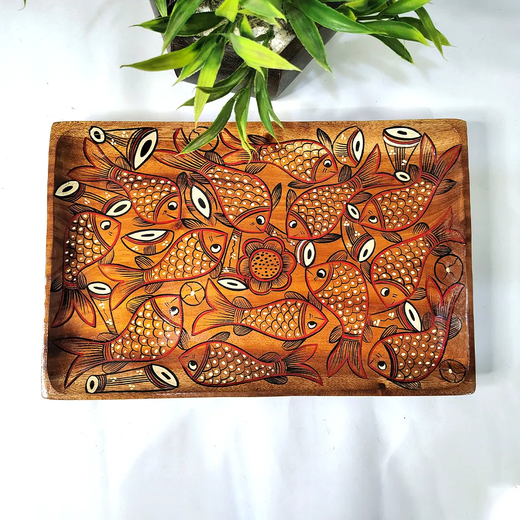 Rectangular Wooden Hamper Tray – Hand Painted Fish Art Gift Serving Tray