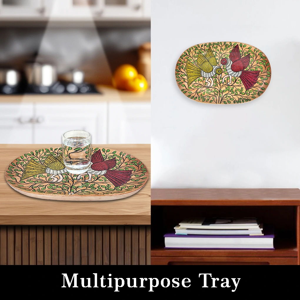 Oval Wooden Serving Tray – Hand Painted Pattachitra Bird & Leaf Decorative Tea Tray - Image 6