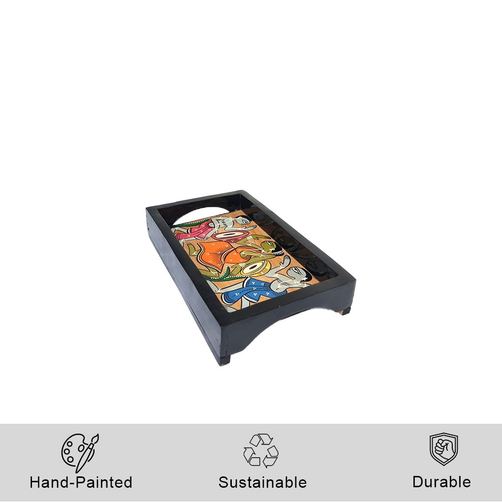 Medium Wooden Serving Tray with Handles – Hand Painted Tribal Art Decorative Tea Tray - Image 2