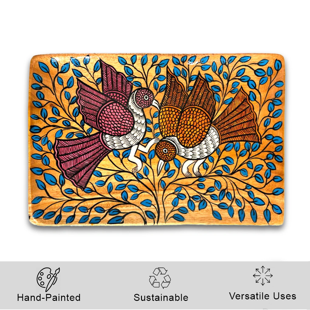 Square Wooden Serving Tray – Hand Painted Pattachitra Fish Decorative Tea Tray - Image 2