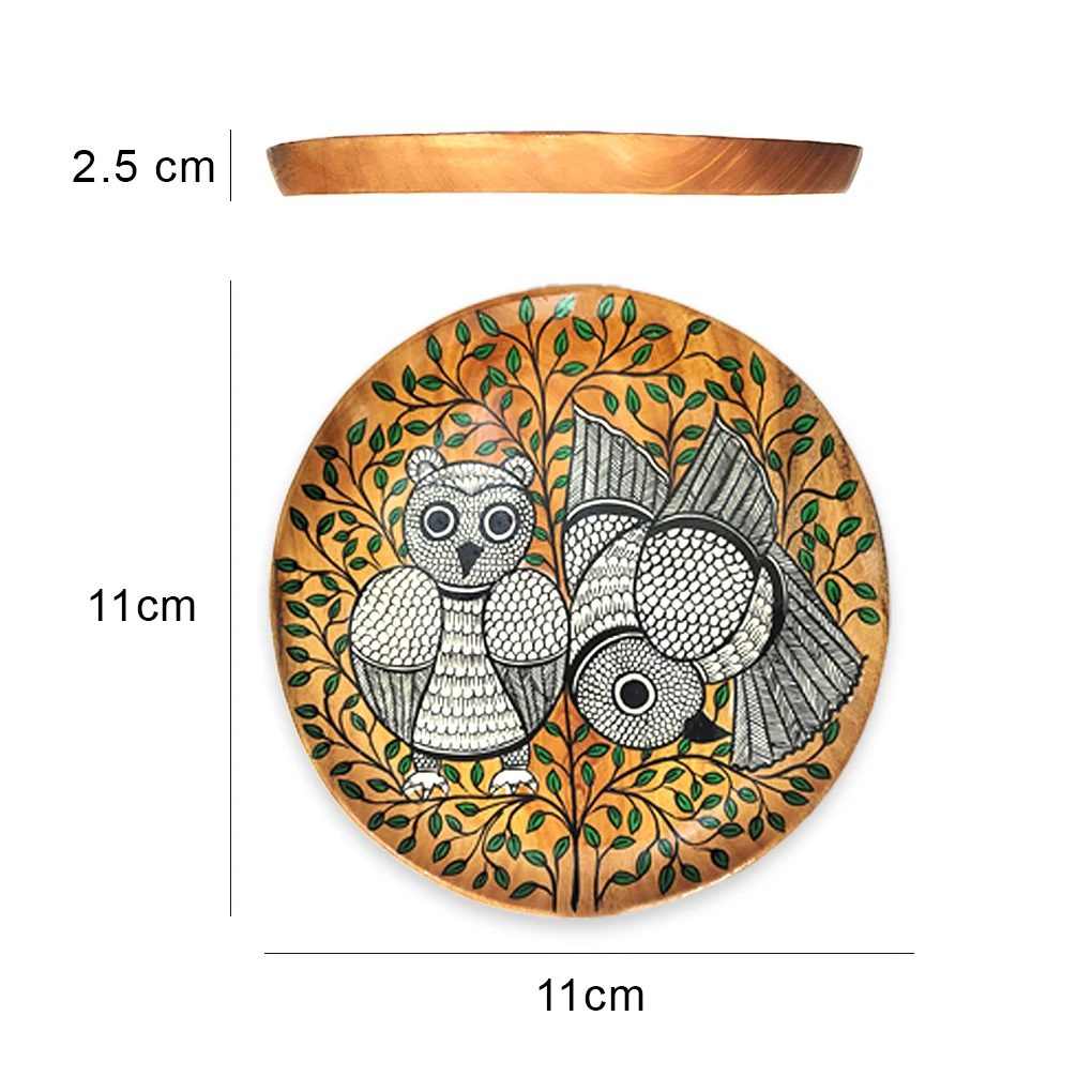 Round Wooden Serving Tray – Hand Painted Pattachitra Owl Tea Serving Tray - Image 6